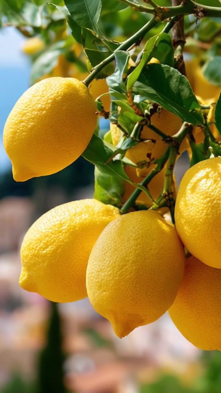 Limoni gialli vivaci appesi a un rigoglioso ramo verde, che mostrano la loro consistenza succosa su uno sfondo panoramico naturale