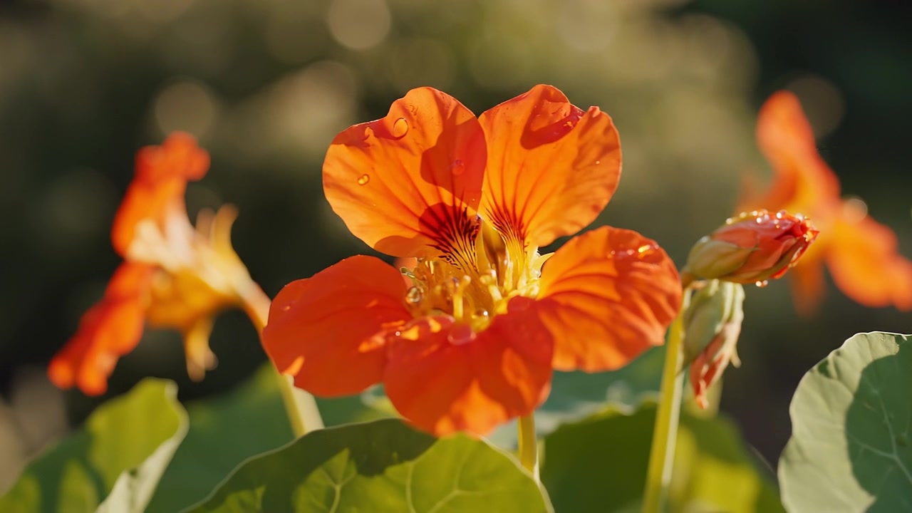 Primo piano di vivaci fiori di nasturzio arancioni con rugiada mattutina