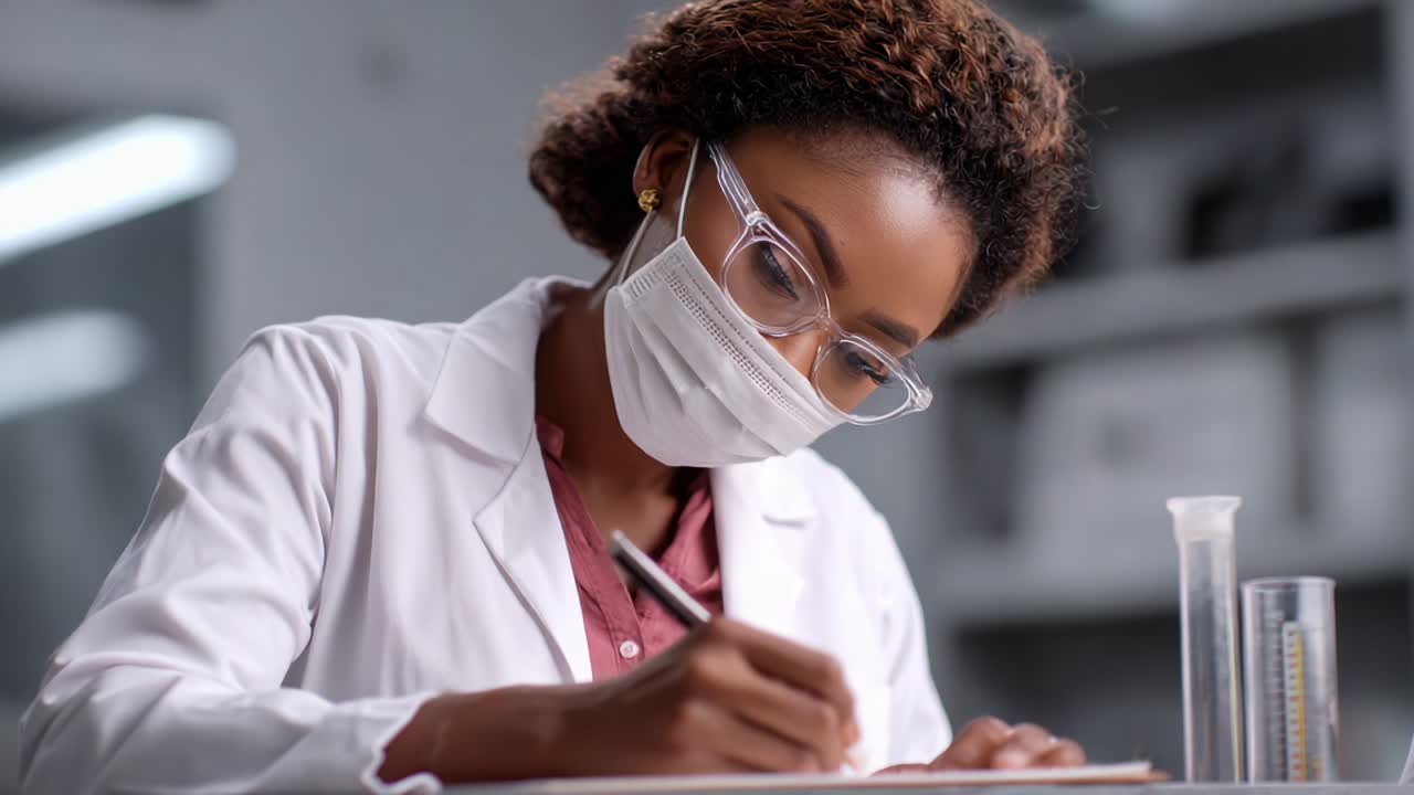 Un'attenta scienziata con mascherina e occhiali protettivi osserva e registra diligentemente le sue scoperte in un ambiente di laboratorio, dimostrando impegno nella ricerca e nei progressi in ambito sanitario.