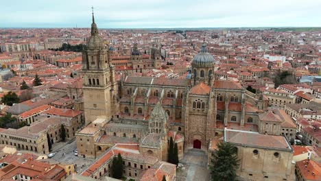 salamanca spain cathedral and streets in cloudy drone video