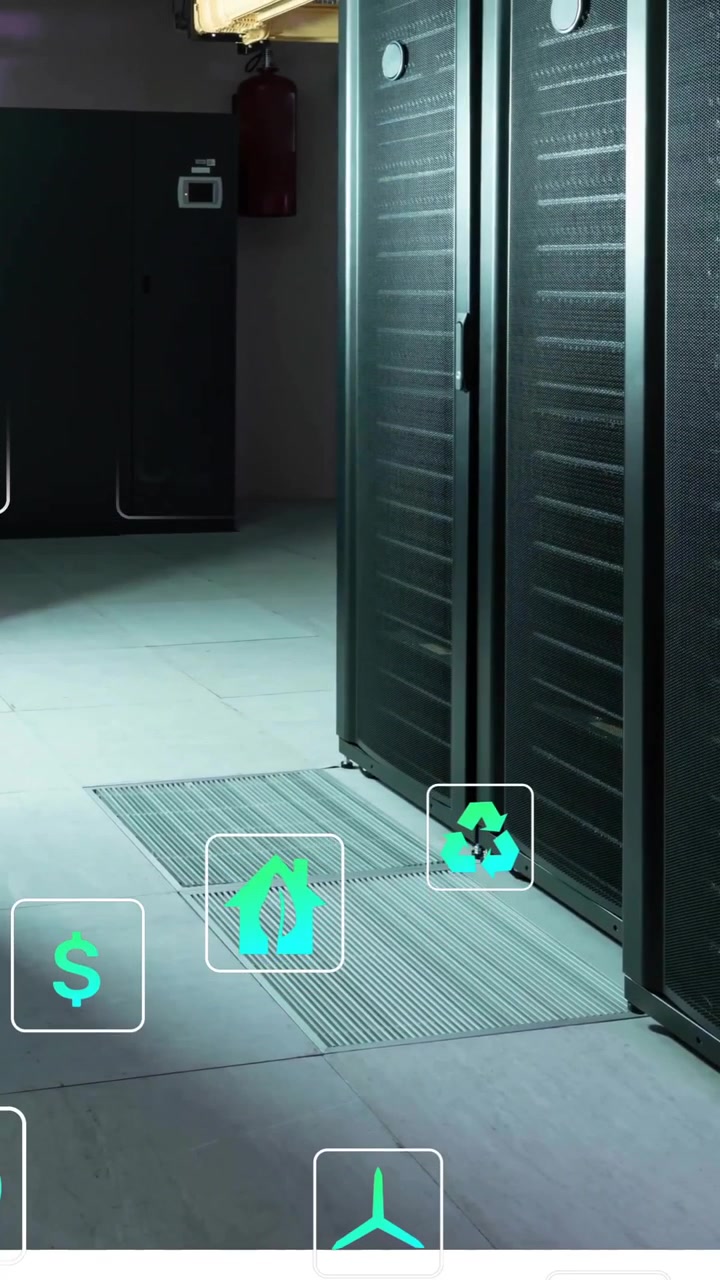 Animation af miljøikoner og databehandling over computerservere.
