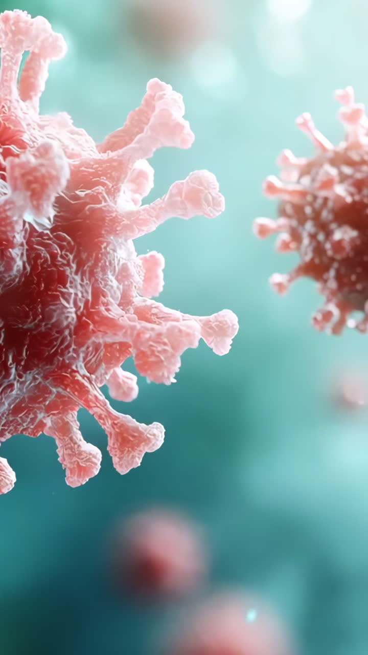 A close up of a virus with a red color. The virus is surrounded by a blue background