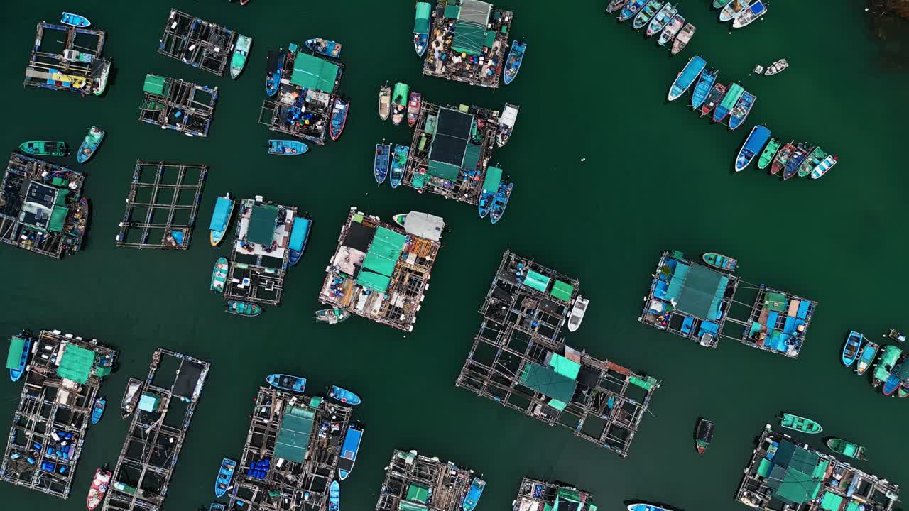 Overhead view over the fishing boats and rafts of the fish farms on Ma Wan island, Hong Kong, China