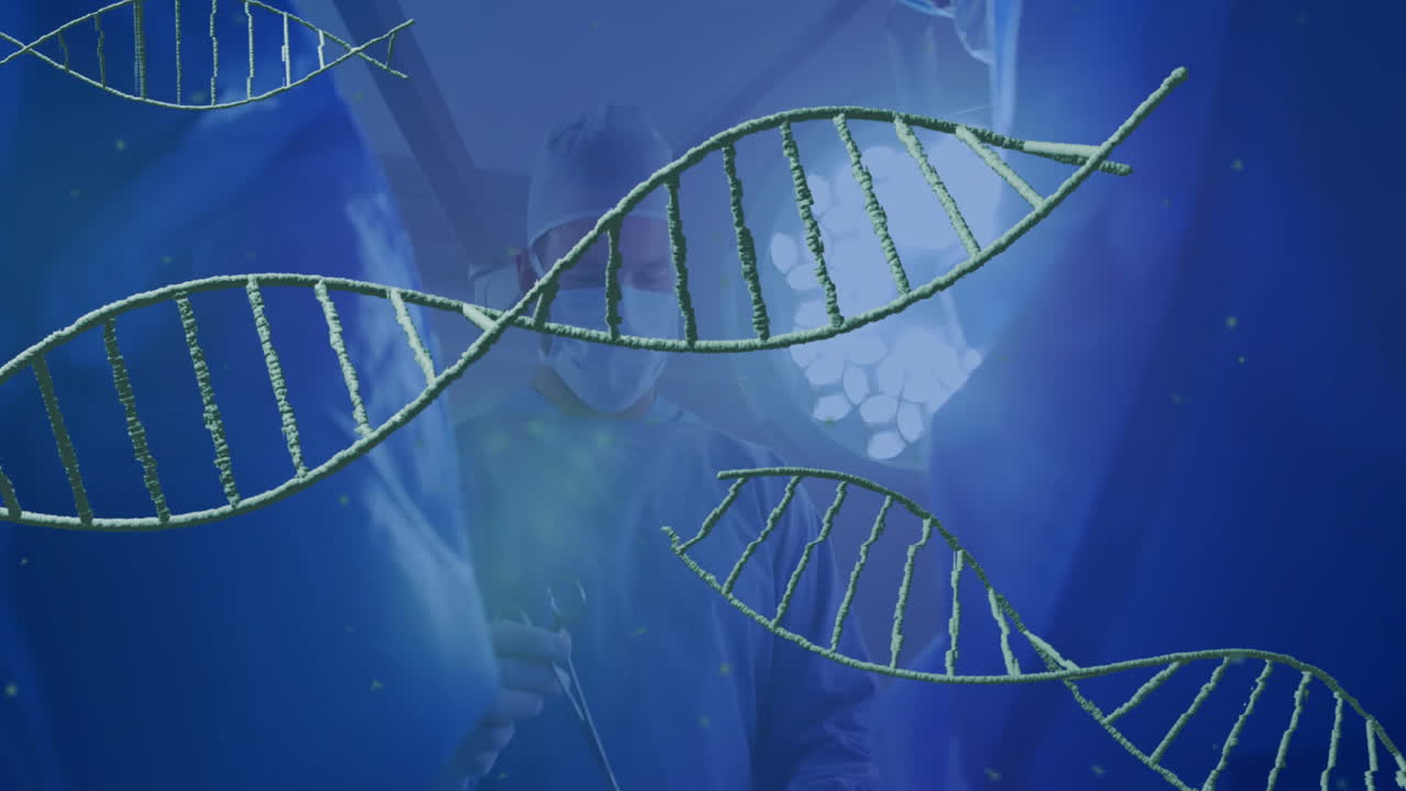 Animation von DNA-Strängen und medizinisches Fachpersonal, das in einer blauen Schulumgebung studiert.