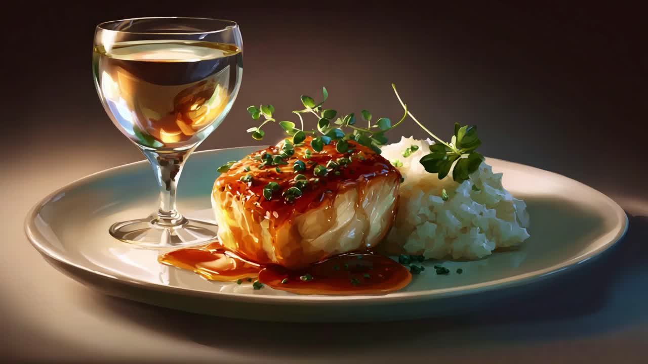 A Delightful Dish Featuring Tender Fish Fillet Glazed with a Savory Sauce, Accompanied by Creamy Mashed Potatoes and Garnished with Fresh Herbs and a Crisp White Wine