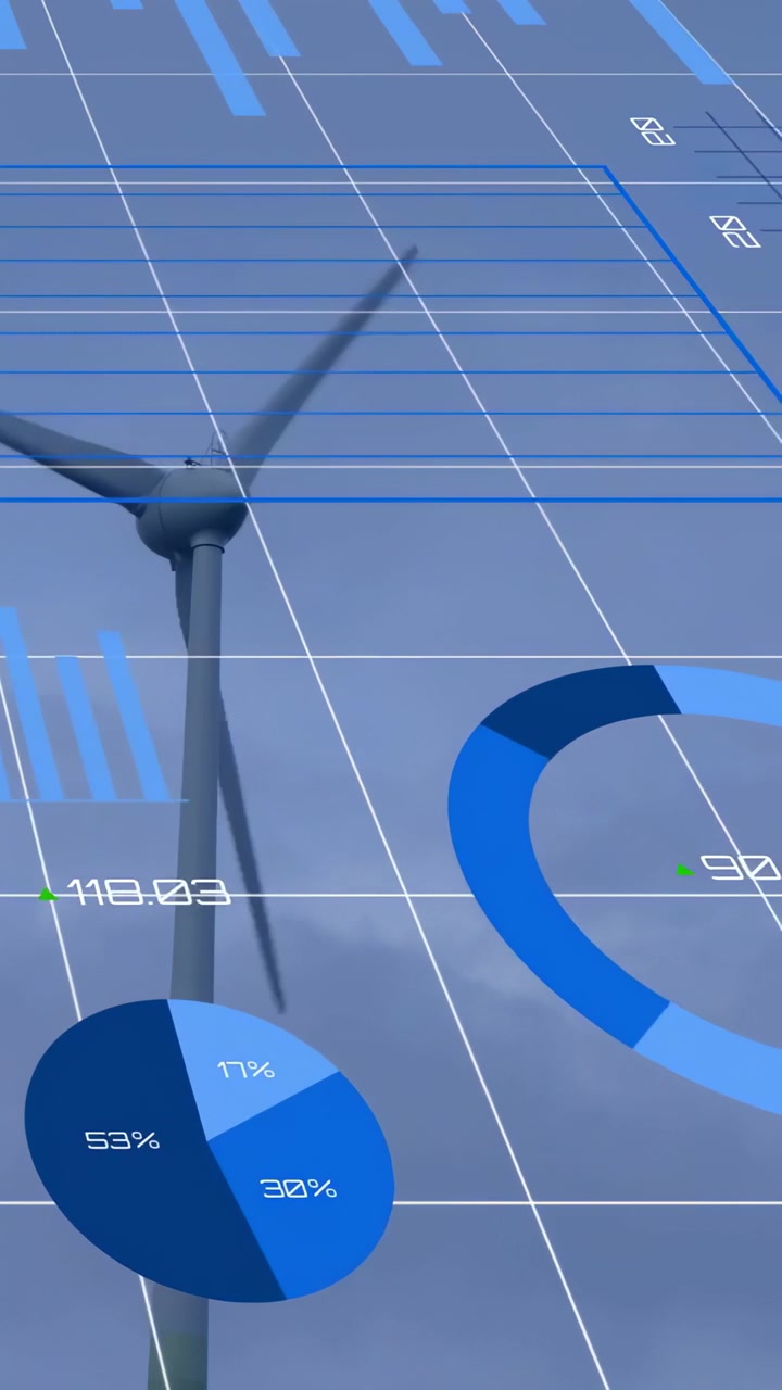 Vertical video: 3D grid appearing, turbine rotating while AR charts sliding, showing output data