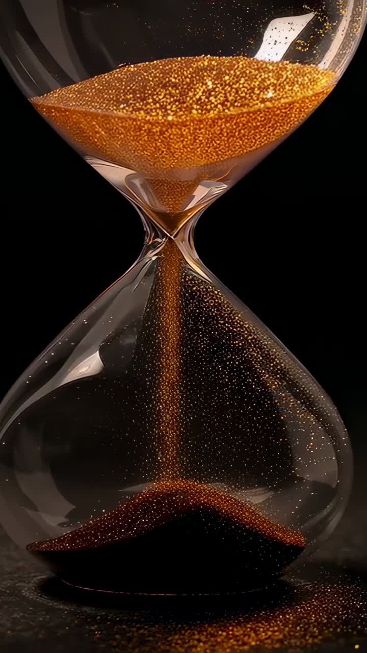Vertical video: Flowing hourglass top pouring gold sand into lower bulb on black, forming mound