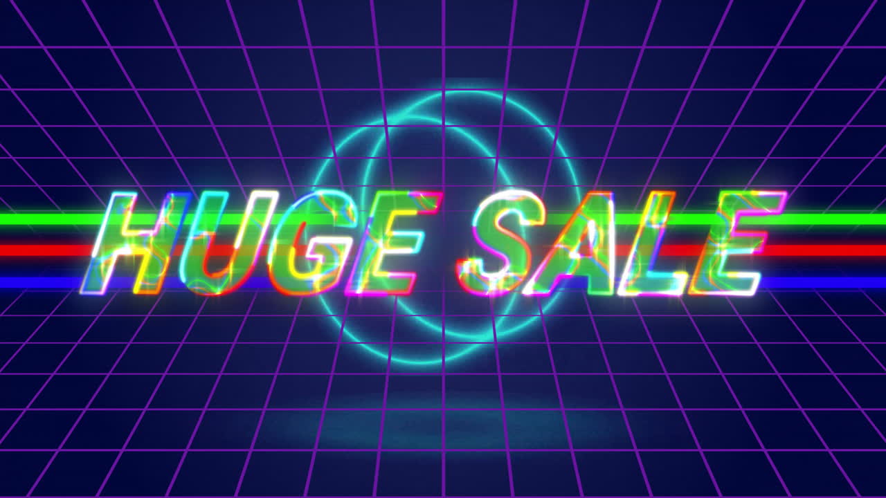 Animation of huge sale text over neon shapes