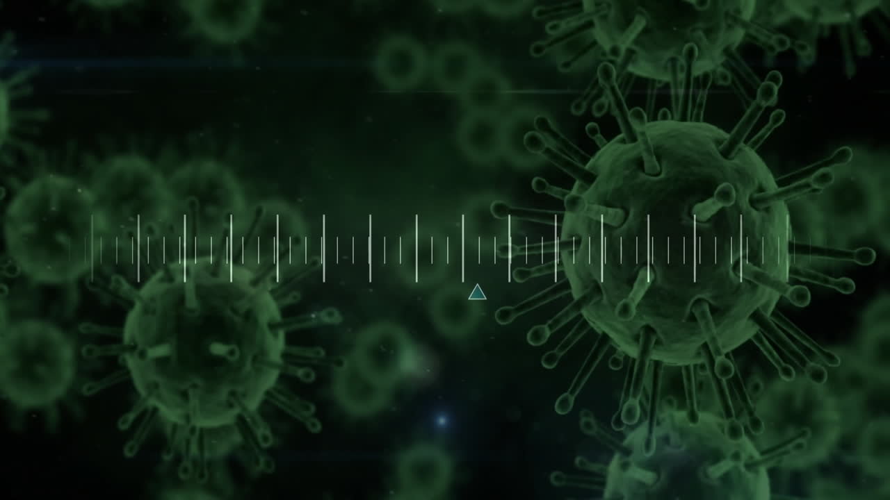 animación del procesamiento de datos sobre células de virus en fondo negro