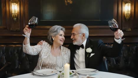 elderly couple toasts with wine at an elegant restaurant