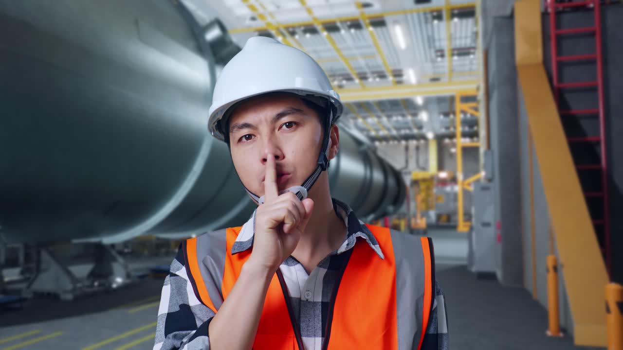 안전 헬을 입은 아시아 남성 엔지니어가 파이프 제조 공장에서 서서 shh 제스처를 하고 있습니다.