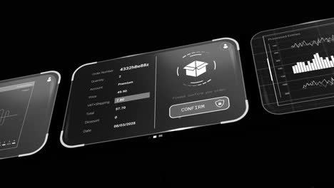 Animation-of-data-processing-on-screens-over-black-background