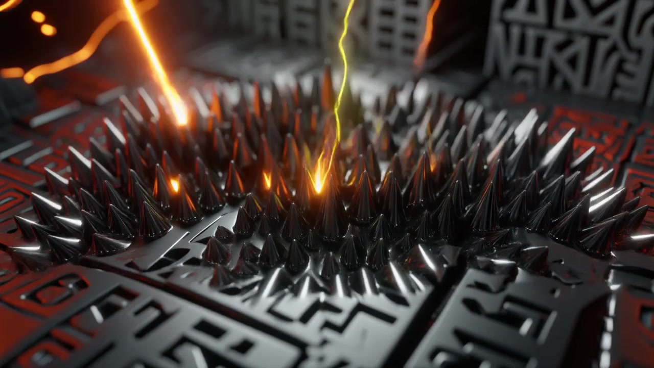 Spikes di ferrofluido che reagiscono all'energia elettrica su un circuito stampato futuristico.