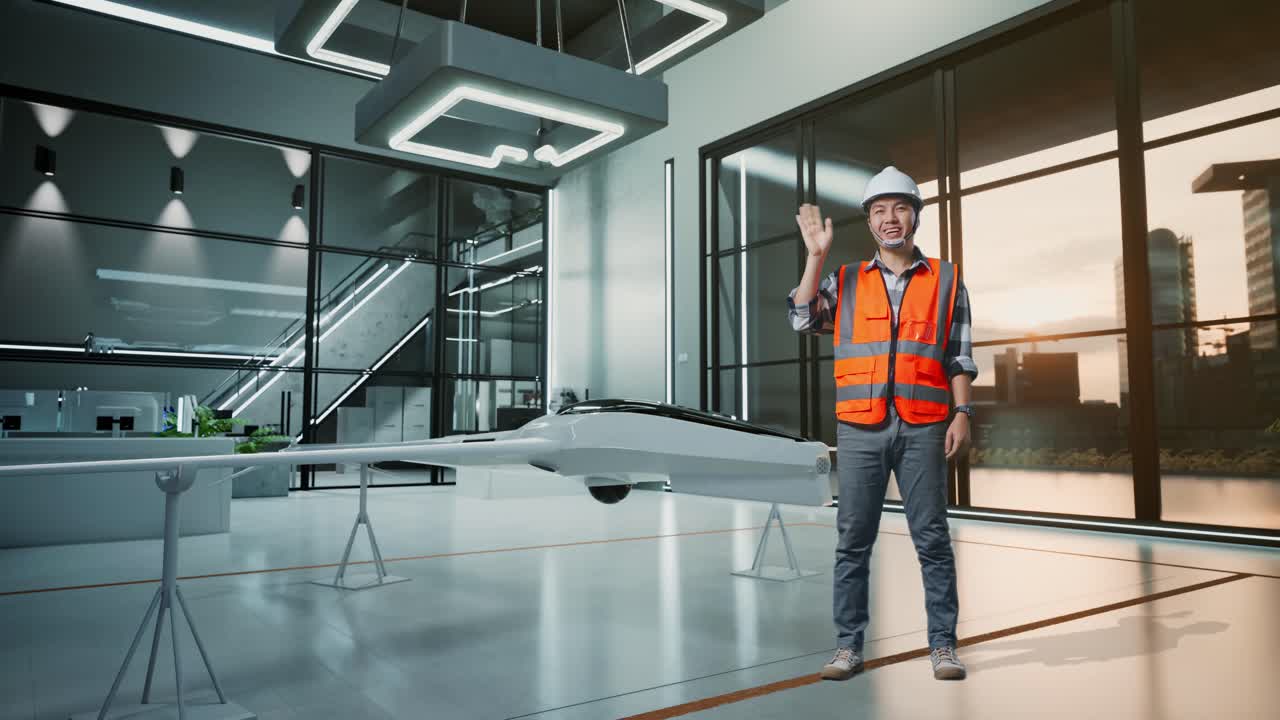 Figura intera di ingegnere asiatico con casco di sicurezza che sorride alla telecamera e saluta con la mano mentre è in piedi con il progetto del drone