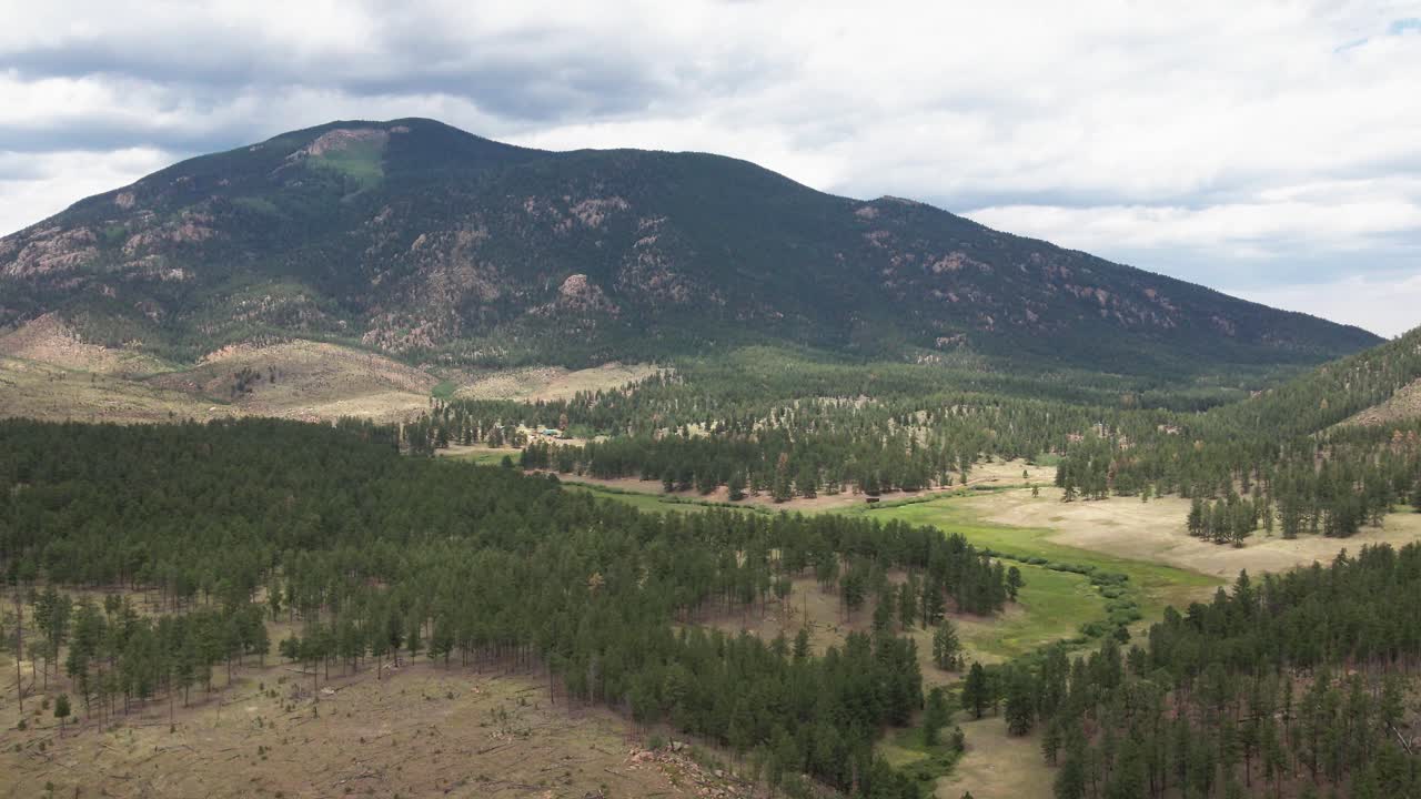Retreating view of a remote mountain valley in the Pike National Forest with pine trees and a green valley below. Filmed with a drone in the Pike National Forest
