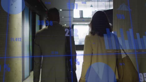 animación de gráficos y números cambiantes, diversos compañeros de trabajo discutiendo mientras salen de la oficina