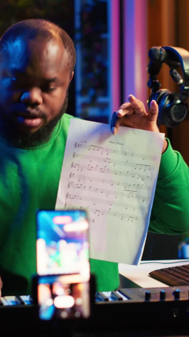 Musician Explaining Sheet Music During Online Lesson on Smartphone