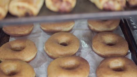 una variedad de rosquillas y pasteles recién horneados que descansan en estantes en una panadería, listos para ser servidos