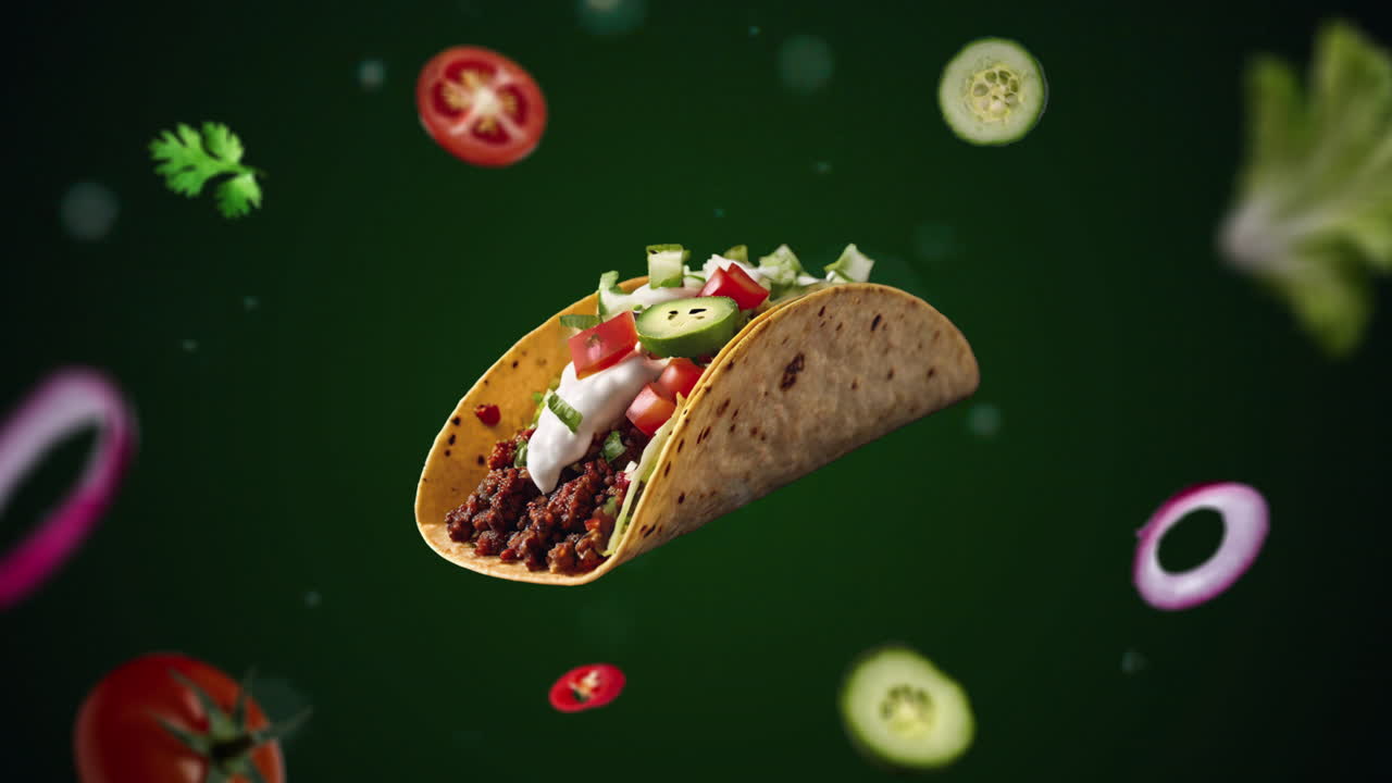 tacos de carne con yogur griego sobre fondo verde - introducción de animación para la publicidad o comercialización de restaurantes con los ingredientes del plato volando en el aire - etiqueta de precio o venta