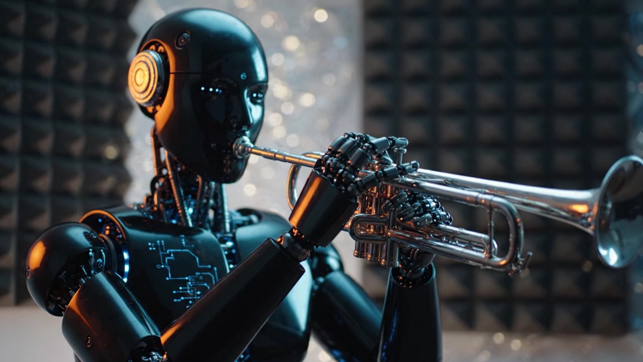 A futuristic robotic figure passionately playing the trumpet, showcasing a blend of technology and art in a contemporary musical setting with intricate details.