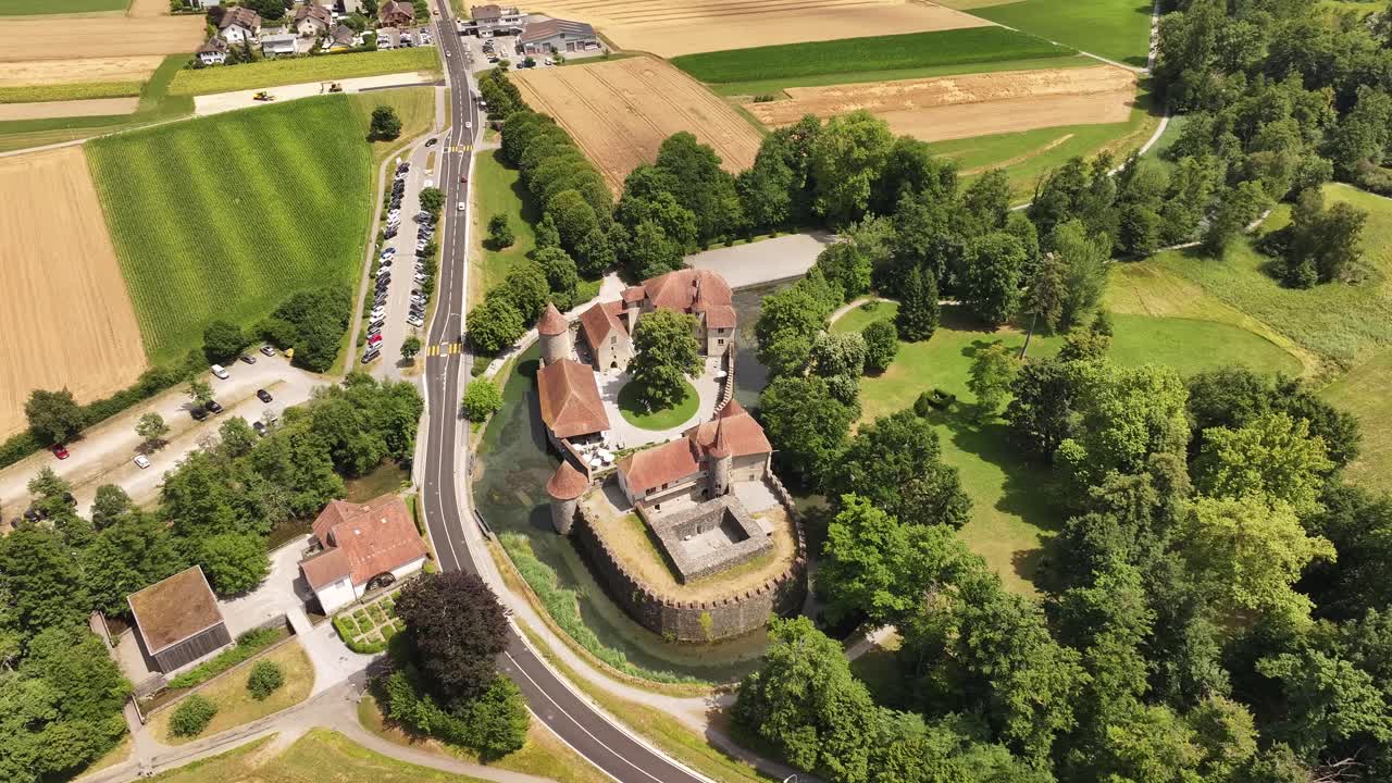 Aerial view of Hallwyl Castle surrounded by greenery and moat in Seengen, Aargau, Switzerland