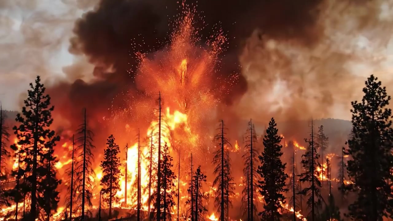 Veduta Aerea di un Devastante Incendio Boschivo che si Propaga Attraverso una Fitta Foresta, Consumando Alberi e Generando Fumo Denso e Scuro, Catturando l'Intensità della Furia della Natura