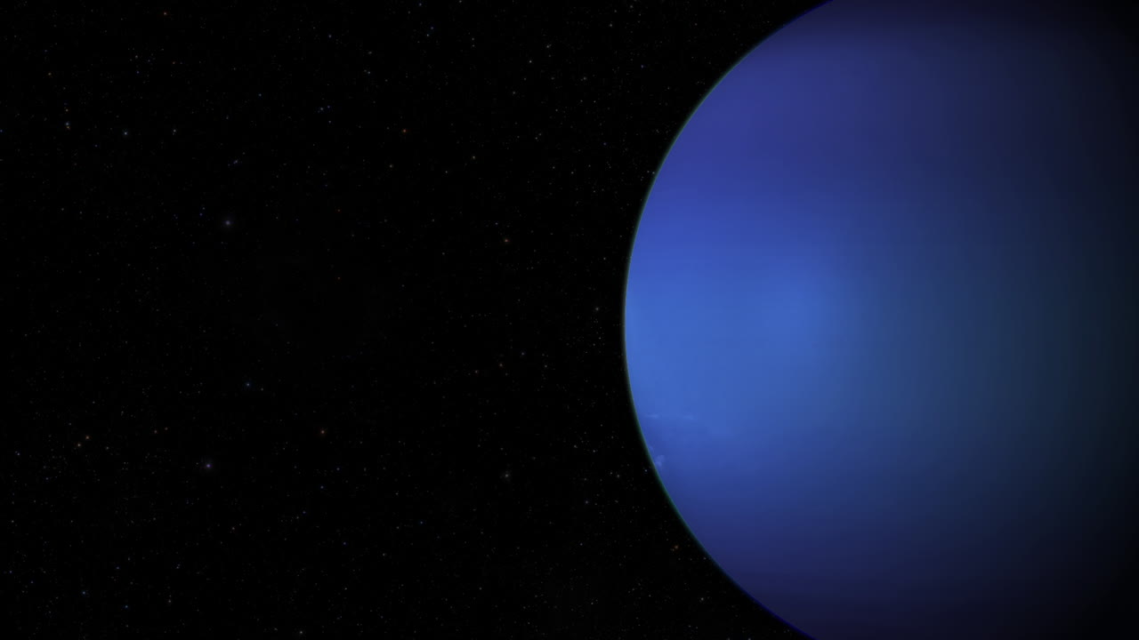 CGI-komposit: planeten Neptunus roterar till höger i bild, halvbelyst med en stjärnbeströdd bakgrund