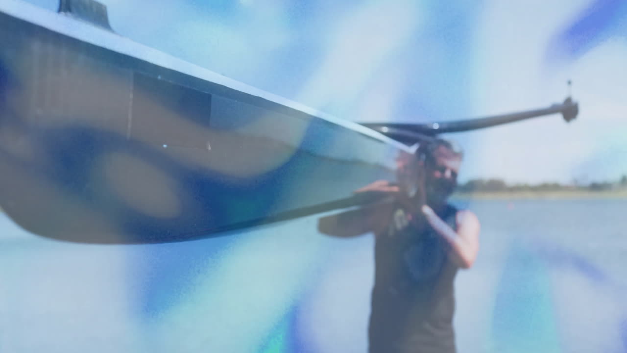 Senior man carrying small boat overhead on lakeshore, with animated bokeh and floating tech charts