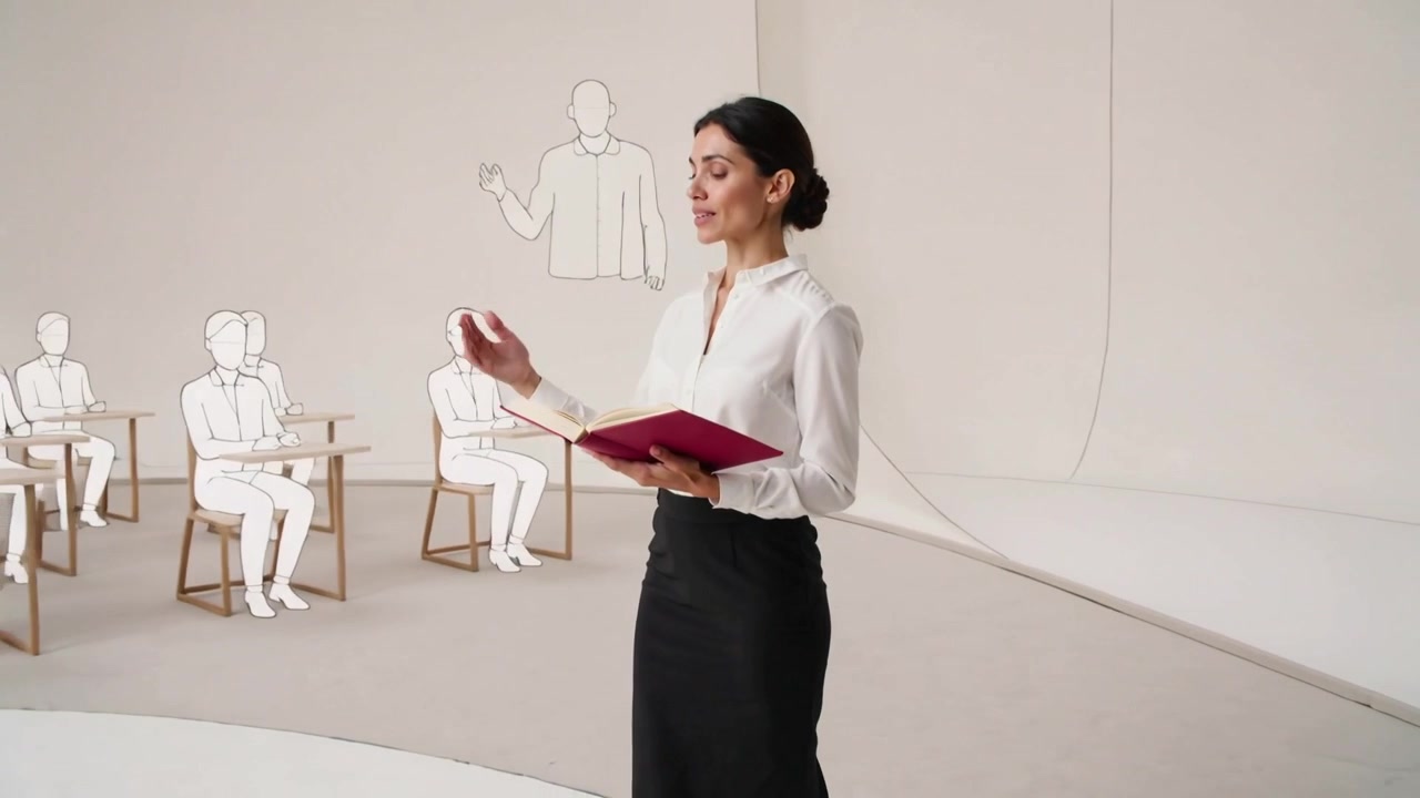 Apertura di un libro rosso, oratrice in camicetta bianca e gonna nera che legge e gesticola a un pubblico disegnato sul palco