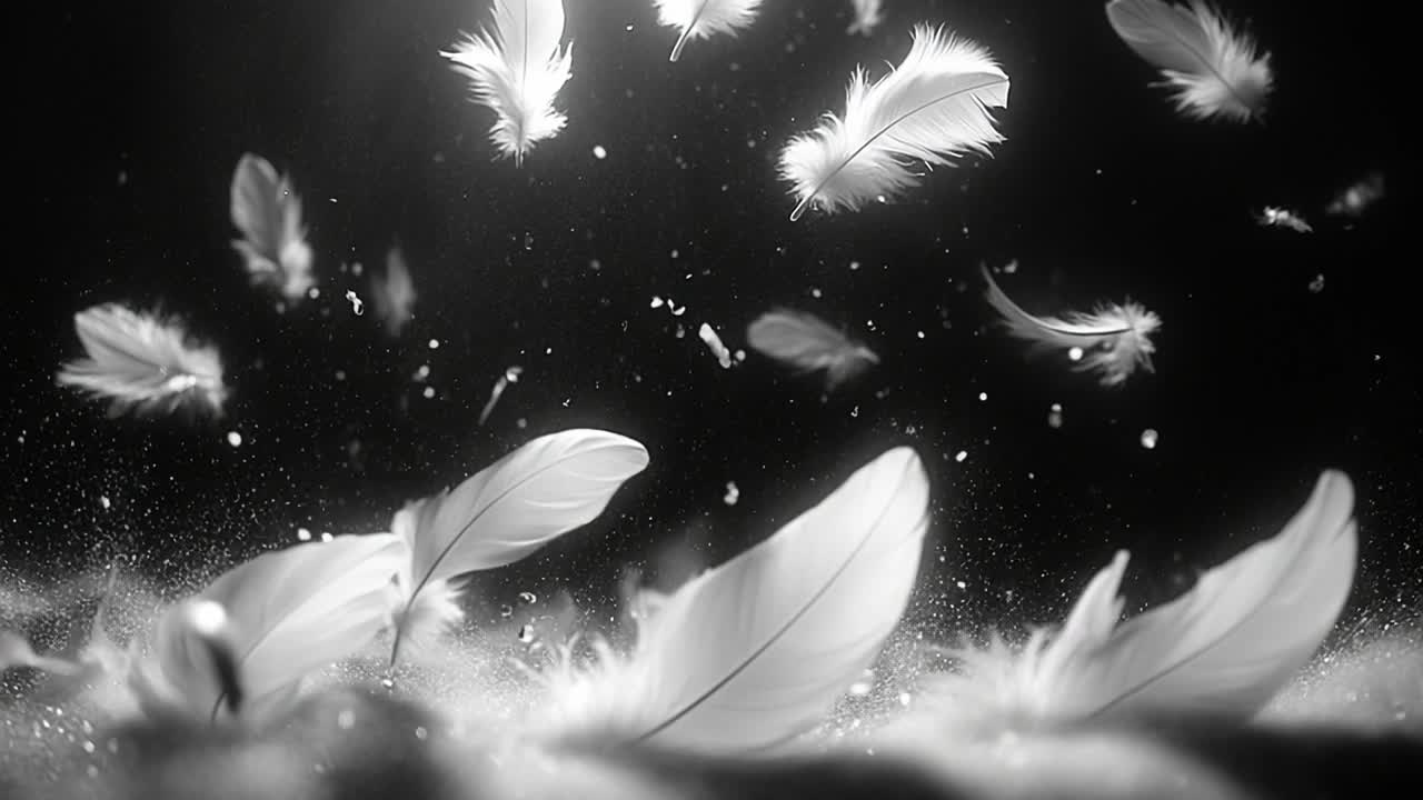 Soft feathers in calm air. White feathers float gracefully through the air, creating a serene and peaceful atmosphere in the dark setting.