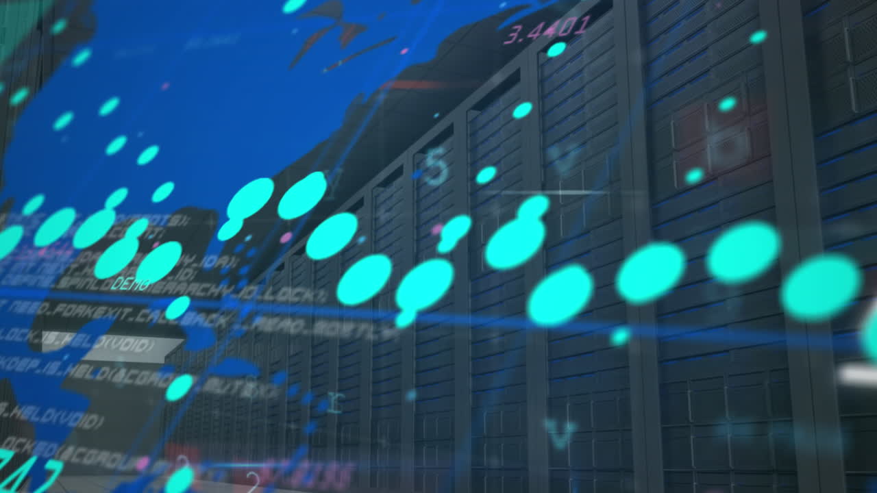 Animation of data processing and world map over server room
