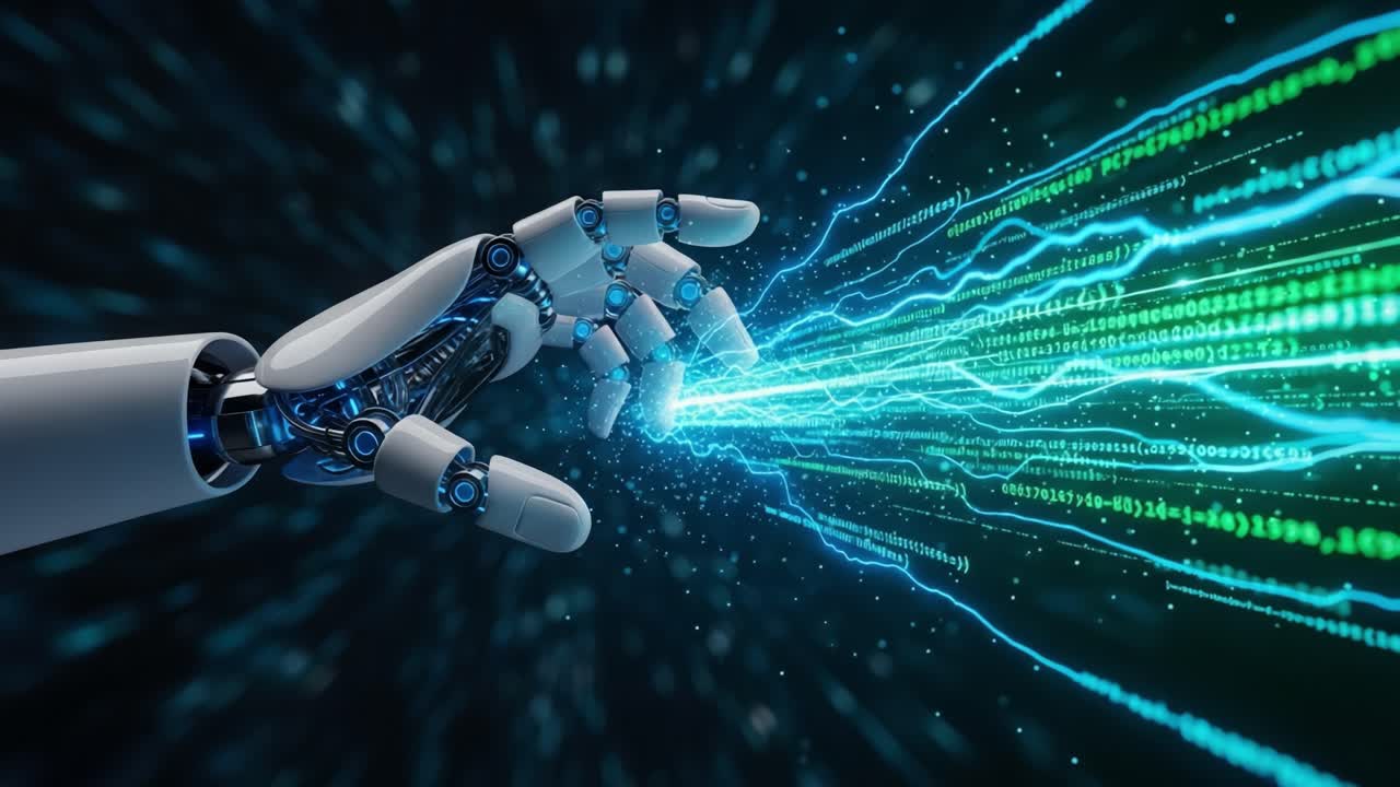 A Robotic Hand Reaching Out to Manipulate Streams of Light and Data, Representing the Intersection of Technology and Innovation in a Digital Landscape