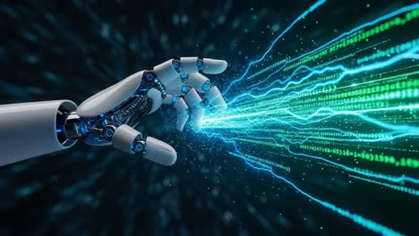 a robotic hand reaching out to manipulate streams of light and data, representing the intersection of technology and innovation in a digital landscape