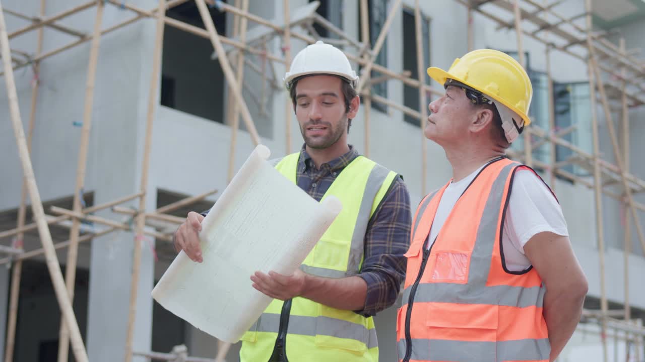 ingeniero civil profesional masculino o arquitecto con contratista, obrero capataz. mientras mira el plano discuten la reunión del proyecto de construcción de éxito y apuntan con un apretón de manos en el sitio de construcción.