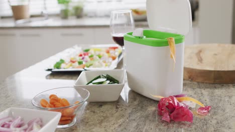 video de un contenedor con cáscaras y restos de vegetales de pie en la encimera de la cocina