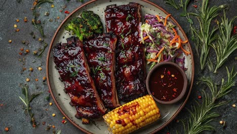 costillas de barbacoa con maíz en la mazorca, ensalada de col y brócoli