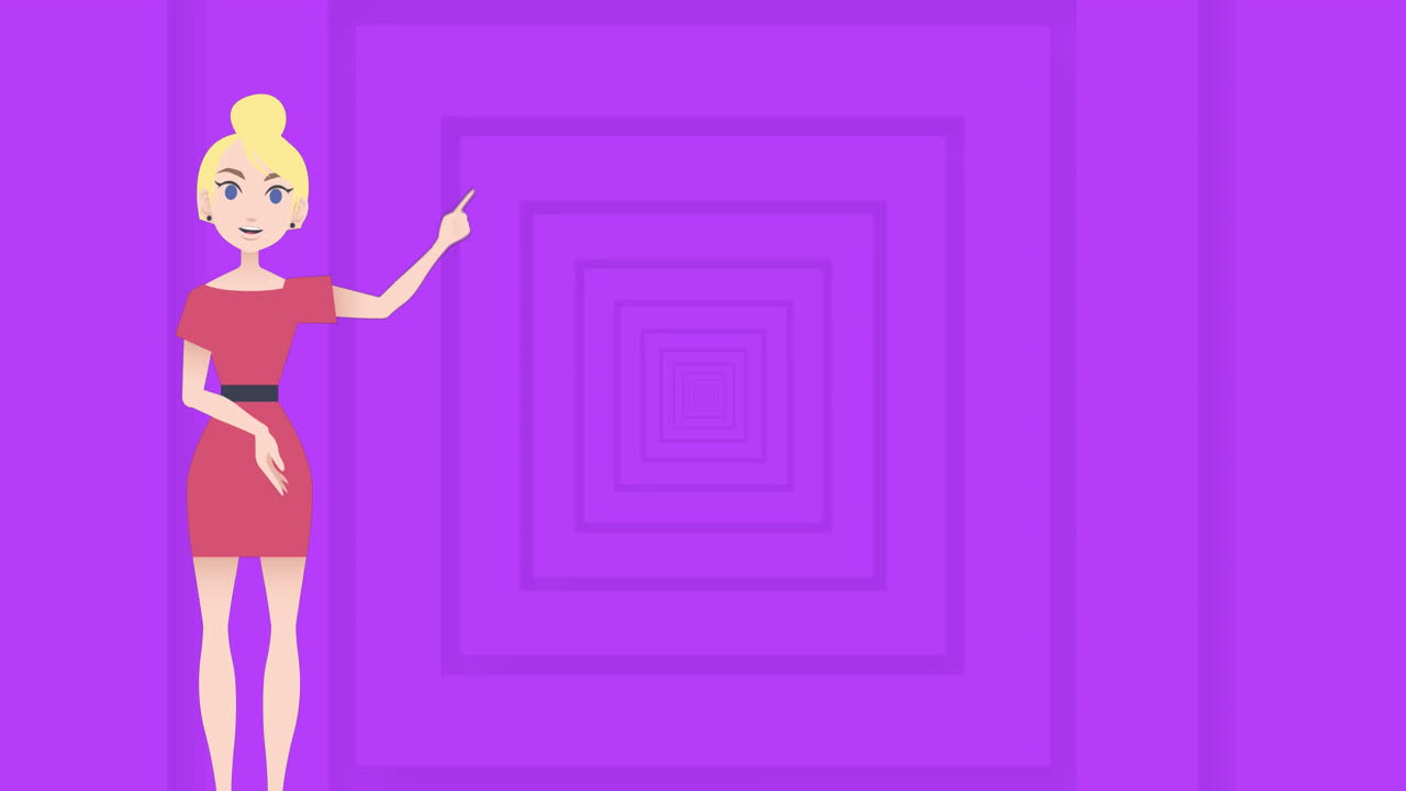 animación del icono de la mujer sobre cuadrados púrpuras