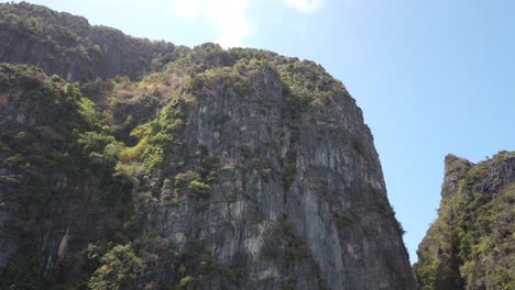 beautiful view looking up at the rocks surrounding maya bay, thailand.
