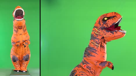 running man in a costume of tyrannosaurus rex on a green screen, chroma key