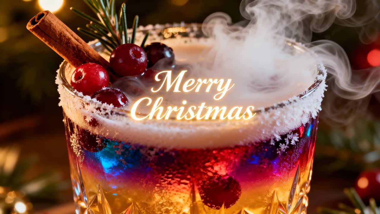 Dry ice causing glass releasing vapor for festive mood at table, sugared rim Merry Christmas text