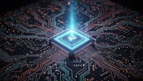 visualizing the future of technology: a stunning display of an ai microchip emanating light from a complex circuit board