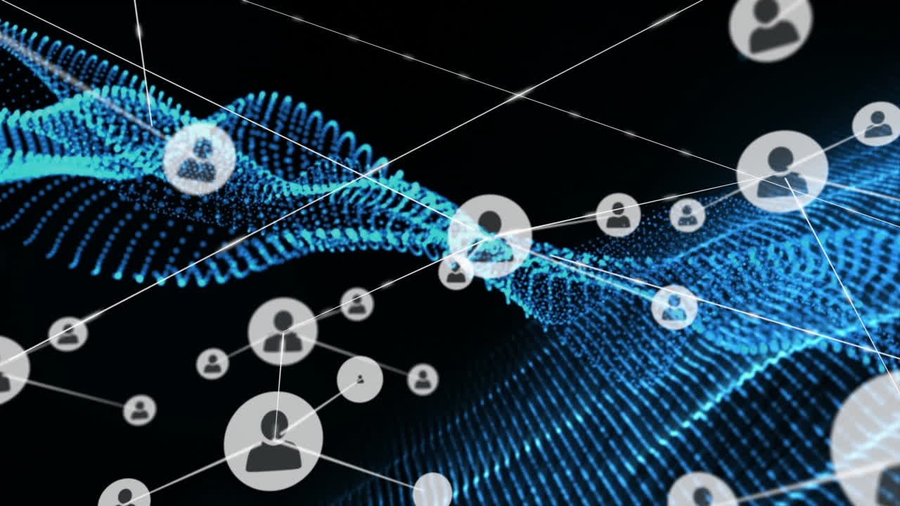 Animation of network of connections with icons and mesh over black background