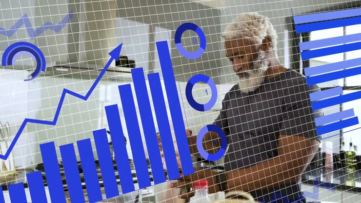 Senior man opening jar, pouring into cup on counter, making drink while tech charts overlaying left
