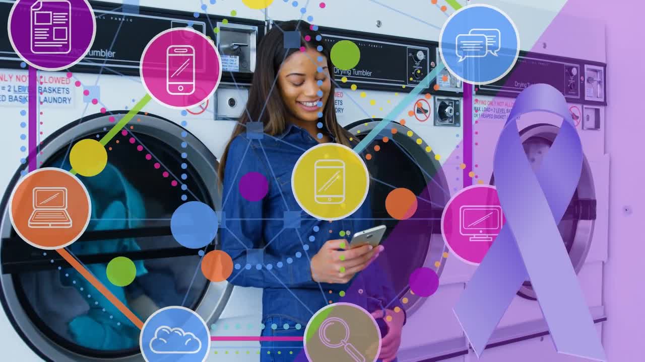 animación de una red de conexiones con iconos sobre una mujer biracial usando un teléfono inteligente