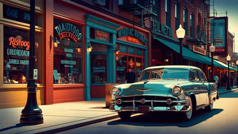 classic car parked on a retro city street with storefronts