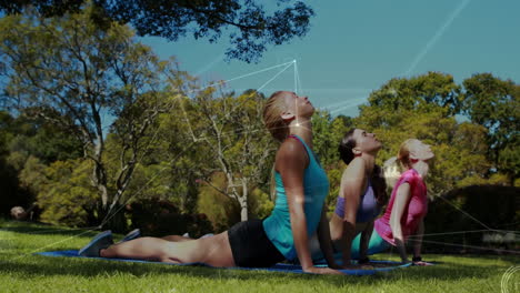 practicing yoga outdoors, women stretching with geometric shapes animation over them