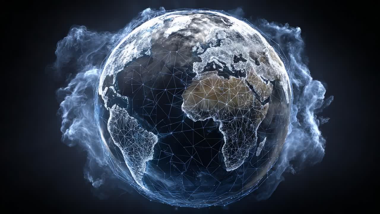 Una straordinaria rappresentazione visiva della Terra con una sovrapposizione di una rete geometrica luminosa, circondata da nuvole eteree, che enfatizza la connettività globale e l'innovazione digitale
