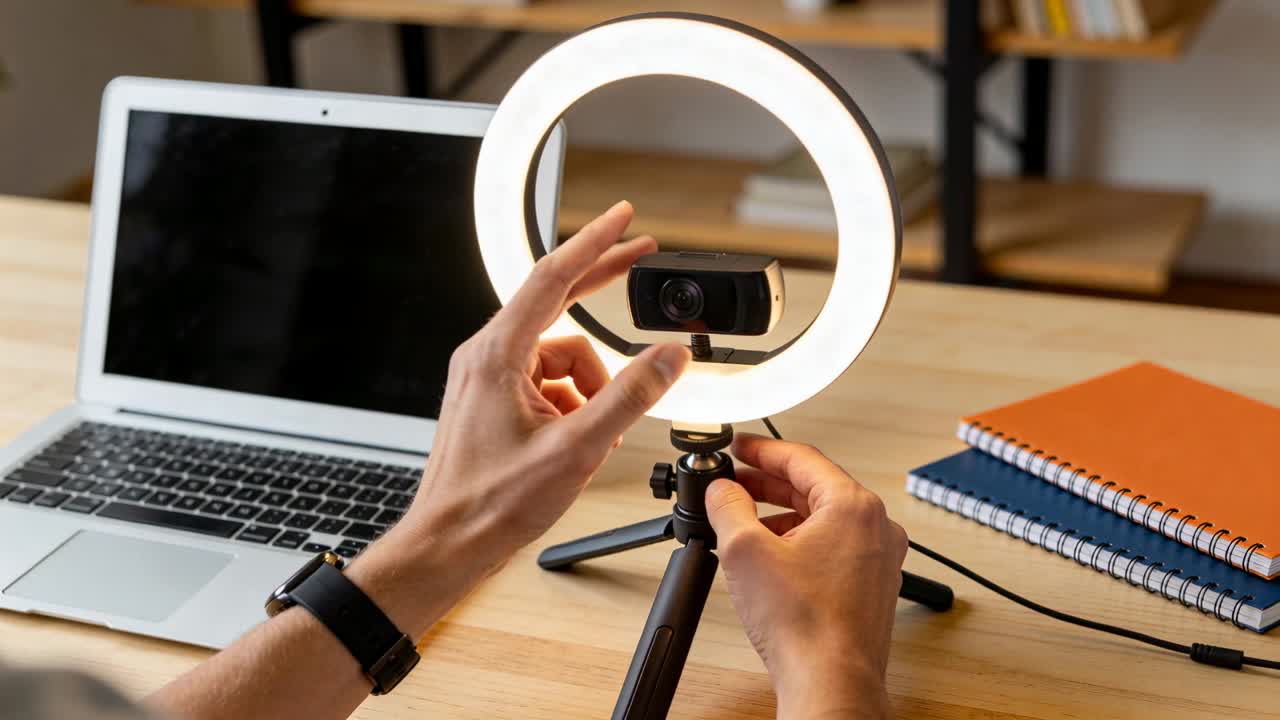 Aligning hands centering webcam after ring light lighting on tripod at desk, with laptop notebooks