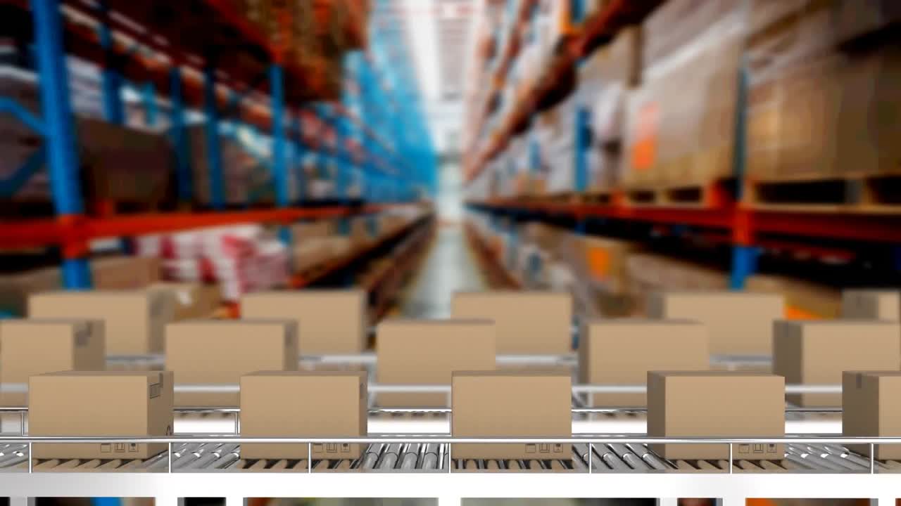 animación de cajas de cartón en cintas transportadoras en el almacén
