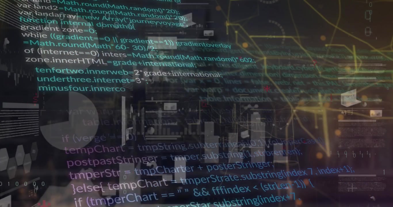 Digital Data Overlay with Programming Code and Financial Charts